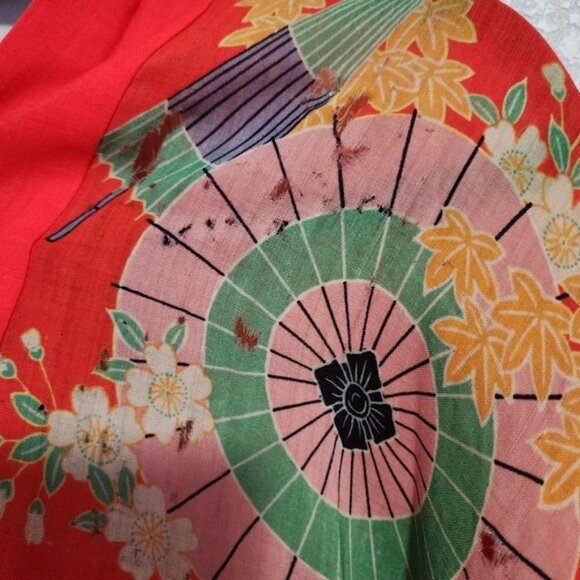 ANTIQUE 1930's‎ Japanese Kimono Yuzen Zome floral Wagasa print in red 30's - Picture 5 of 16